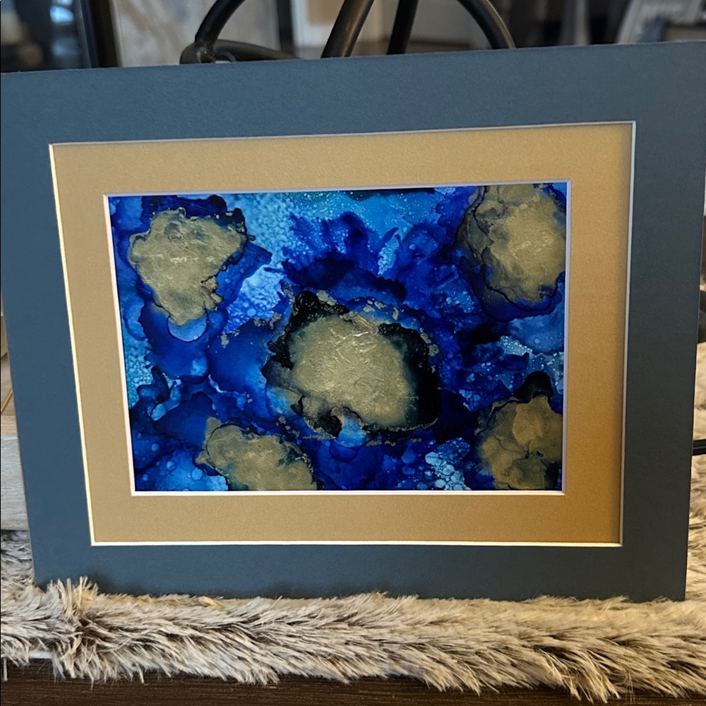 Hand crafted abstract blue gold wall decor painting